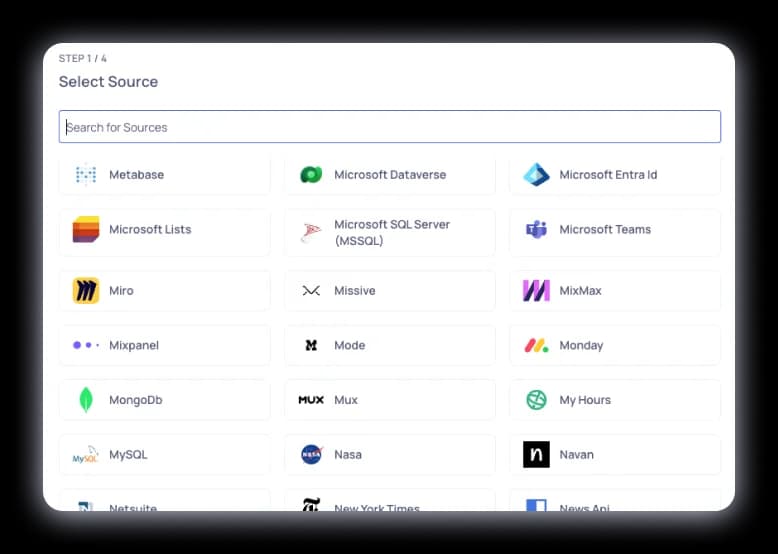 Choosing an import source in Starhive, from a searchable list of connectors