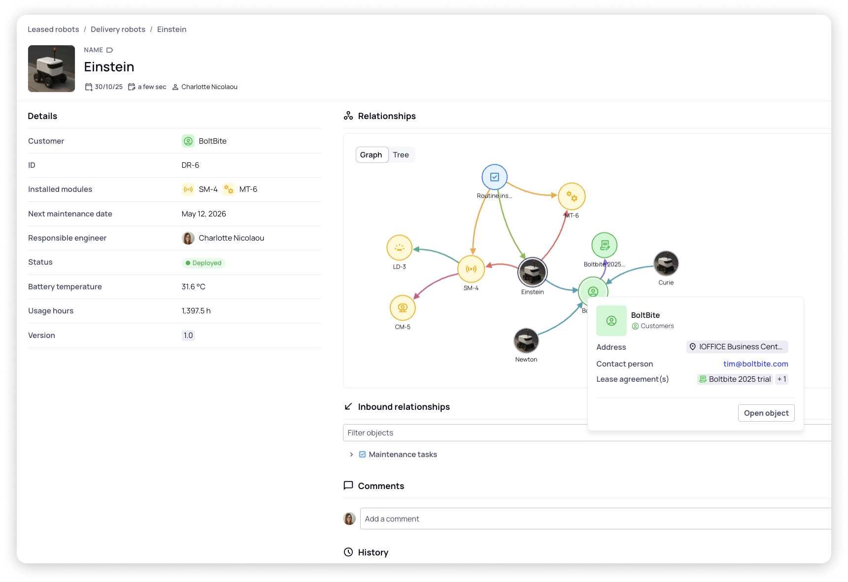 Example of a robot in Starhive with all its related data. Everything is accessible from the robot itself.