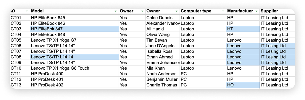 Asset management spreadsheet example - typos