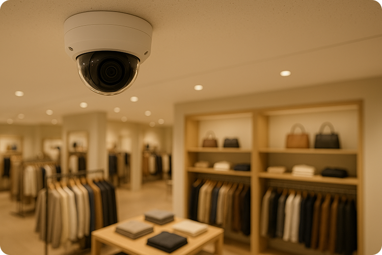 Retail store ceiling with security camera tracking the shop floor